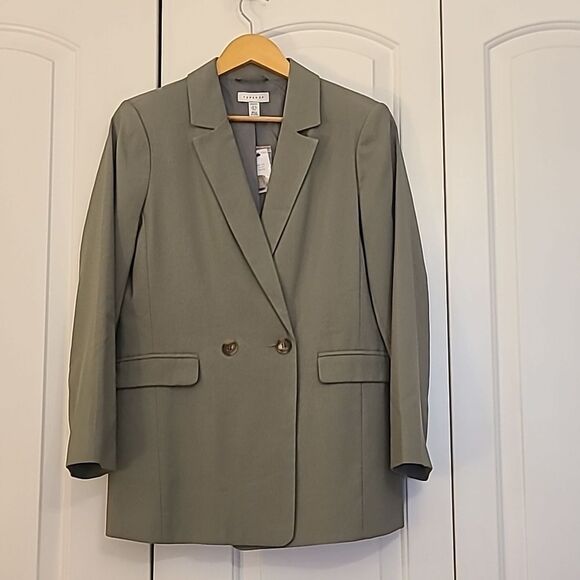Top Shop Double Breasted Relaxed Fit Blazer Khaki Olive Sage Green Size US 6P - Picture 1 of 9
